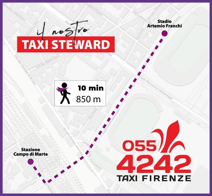 Mappa del percorso a piedi dallo Stadio Artemio Franchi al Taxi Steward vicino alla stazione di Campo di Marte: 850 metri, 10 minuti